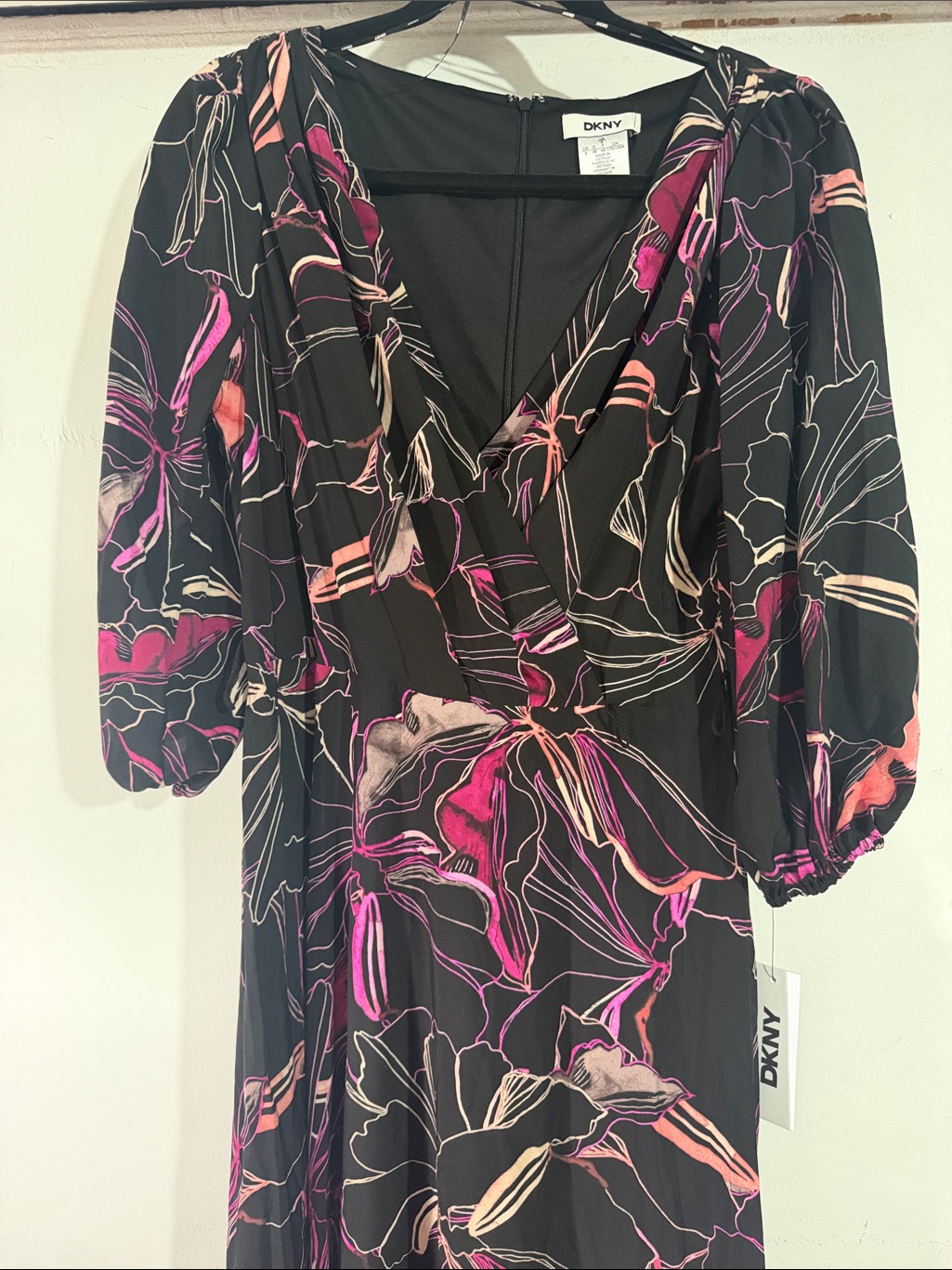 Dkny Black Midi Dress With Pink & Cream Floral Print